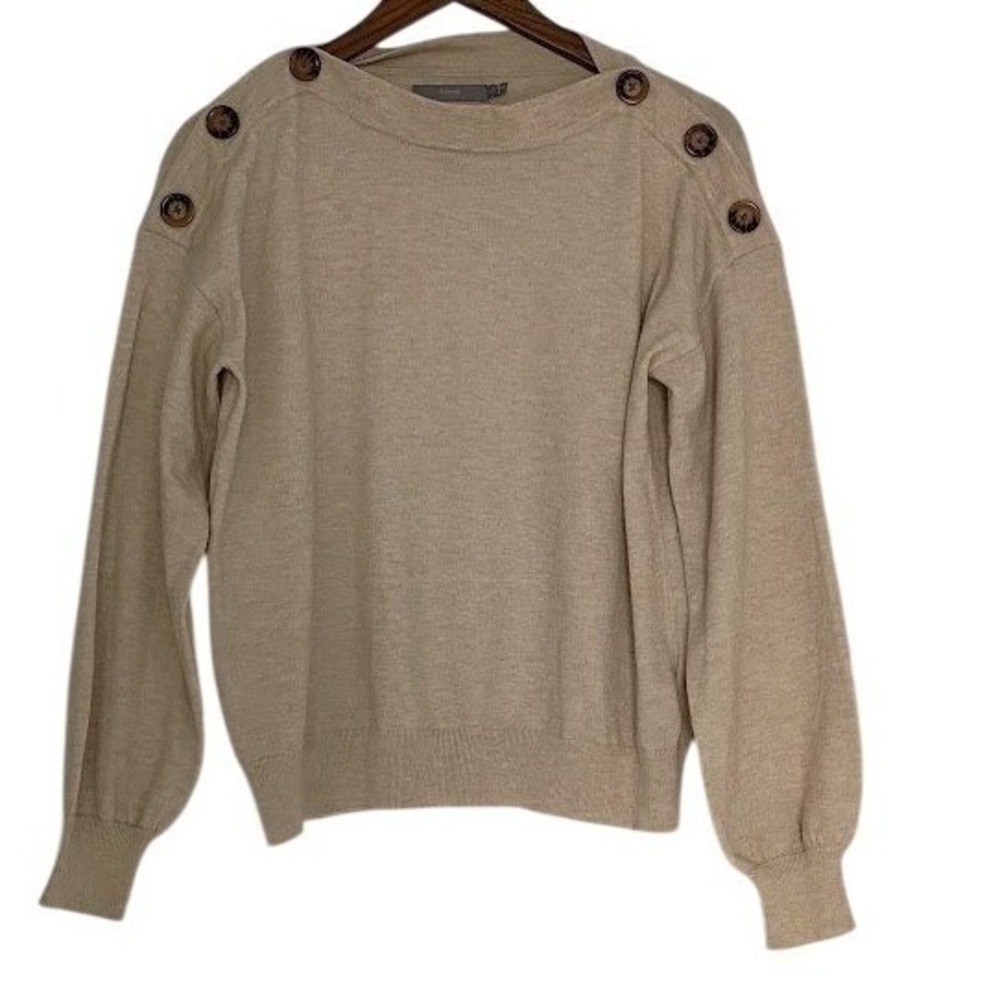 b.young Beige Button Shoulder Sweater L Fits M Neutral Essential Classic NWOT - Picture 2 of 15